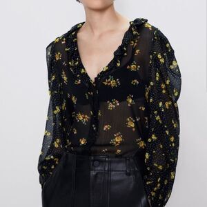 Zara Women’s Sheer Floral V-neck Ballon Sleeve Blouse Cottagecore Size M
